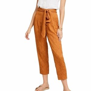 Anthropologie Orange Tie Waist Cropped Pants Size 0 Textured Rust Orange